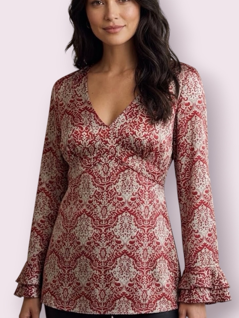 Sundance Satin Silk Long Bell Sleeve Blouse Top Gray & Red Size 2